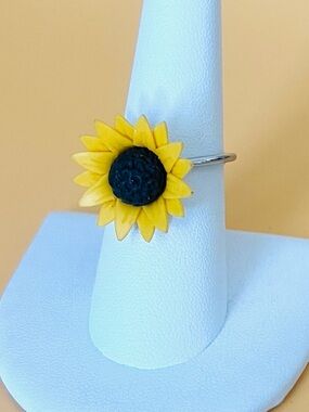 Sunflower Silver Ring - Yellow Sunflower Accent